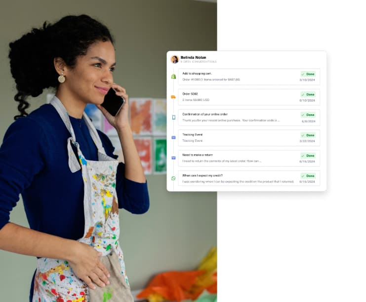 Image of a Black woman calling on a cell phone with a UI display of the Kustomer timeline with orders and shipping activity