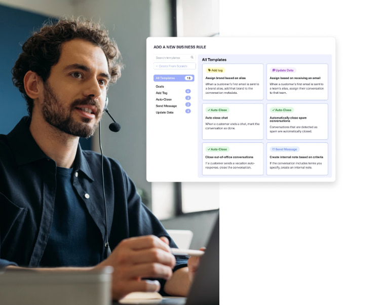 Image of a window in Kustomer software adding a new business rule with an image of a young man wearing a headset in a call center