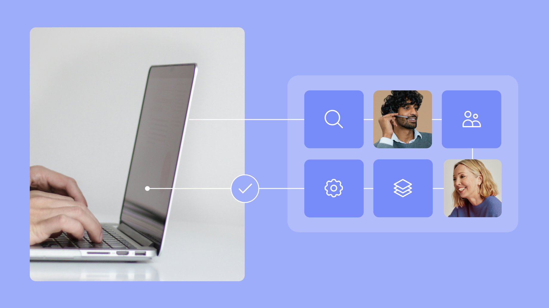 Image of a laptop with a grid graphic next to it with images of a man with a headset and a smiling woman representing proactive account retention