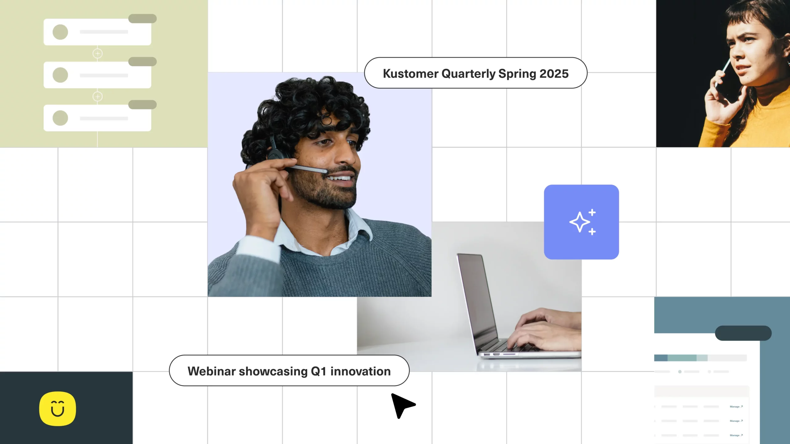 Image saying Kustomer Quarterly Spring 2025 showcasing Q1 innovation with stock imagery of a customer service agent