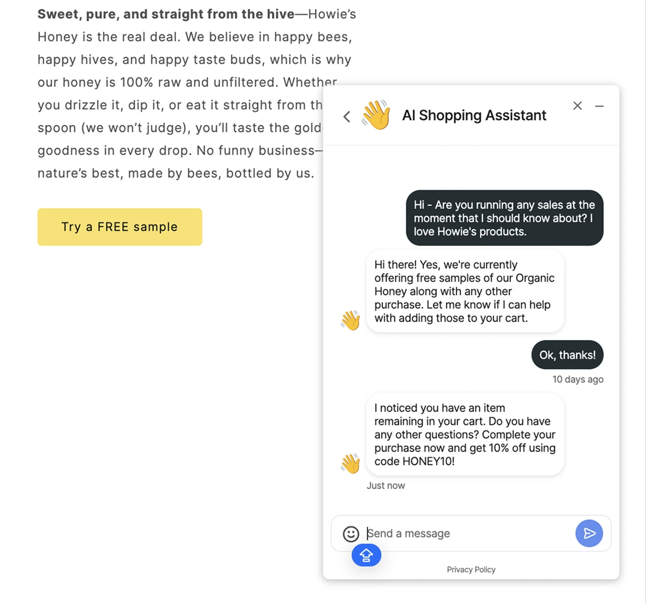 Image of a customer support chat with an AI shopping assistant on a website called Howie's Honey