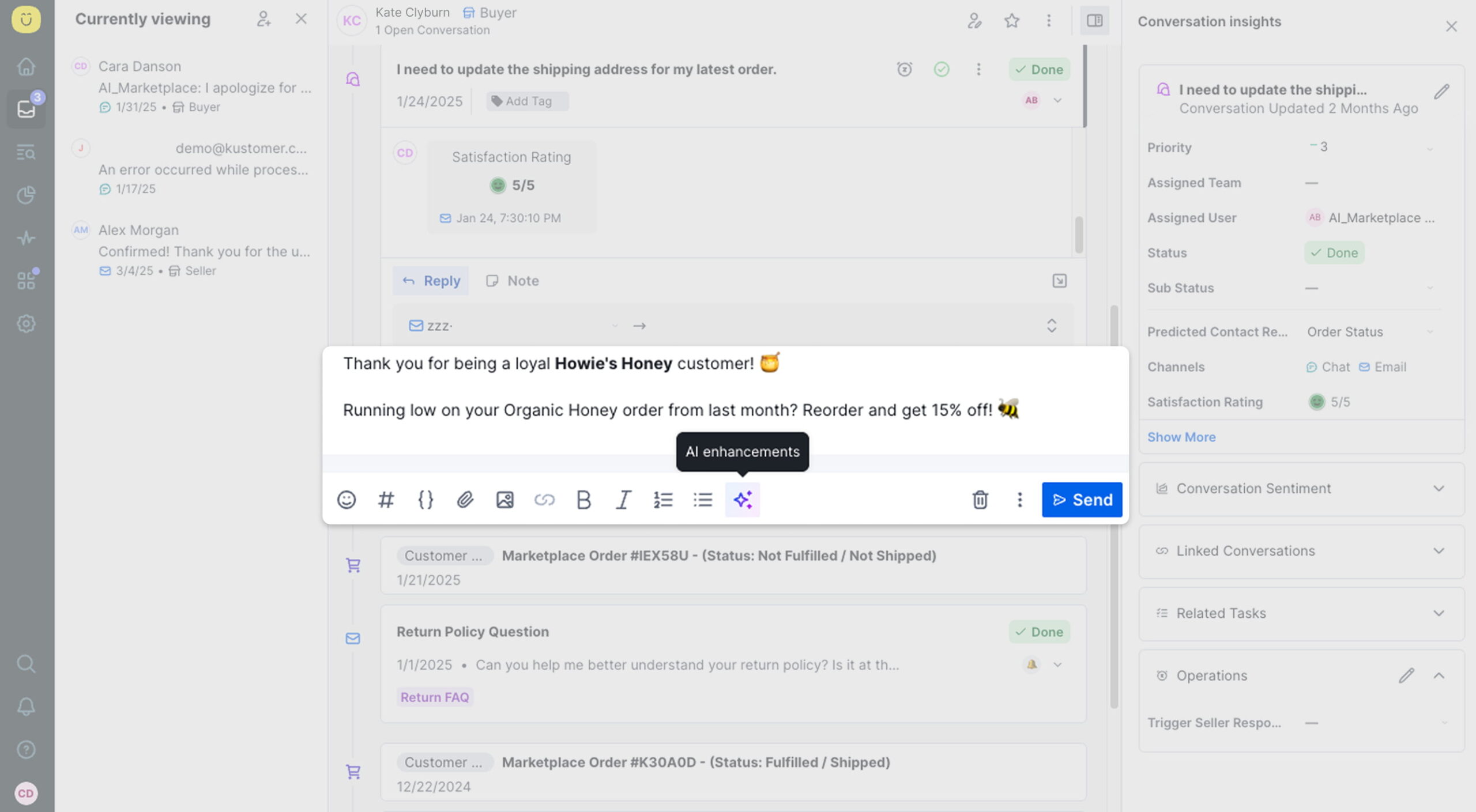 Screenshot of customer service software Kustomer updating the shipping address for an order and replying offering a discount code