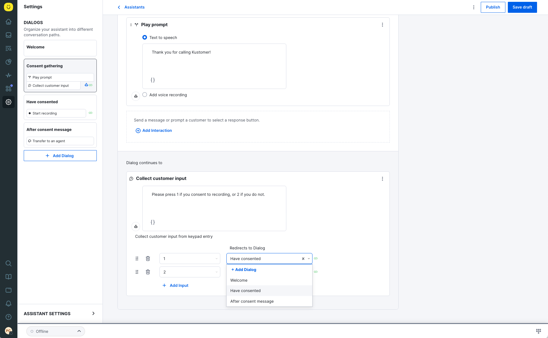 This is a product image of the IVR settings for adding the customer consent for Kustomer Voice call recording. 