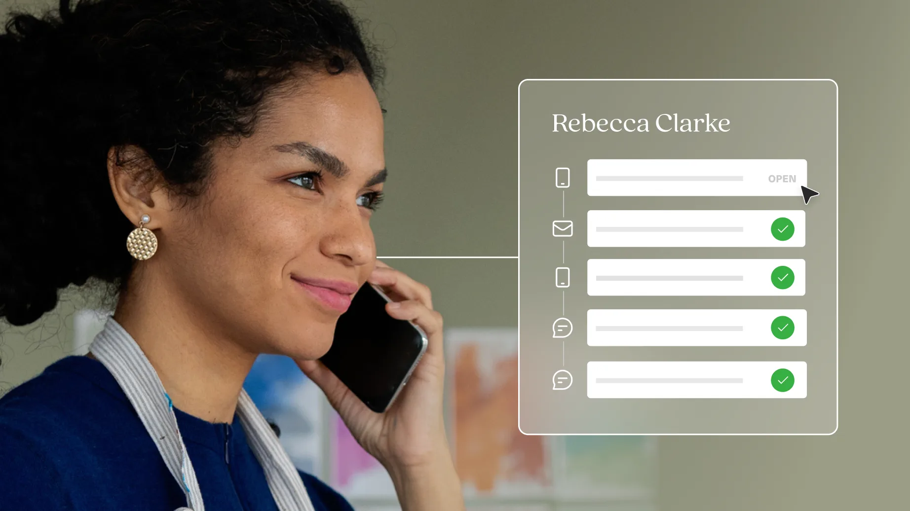 Image of a woman calling on a smartphone with UI of her customer attributes next to her, such as her name and communication preferences