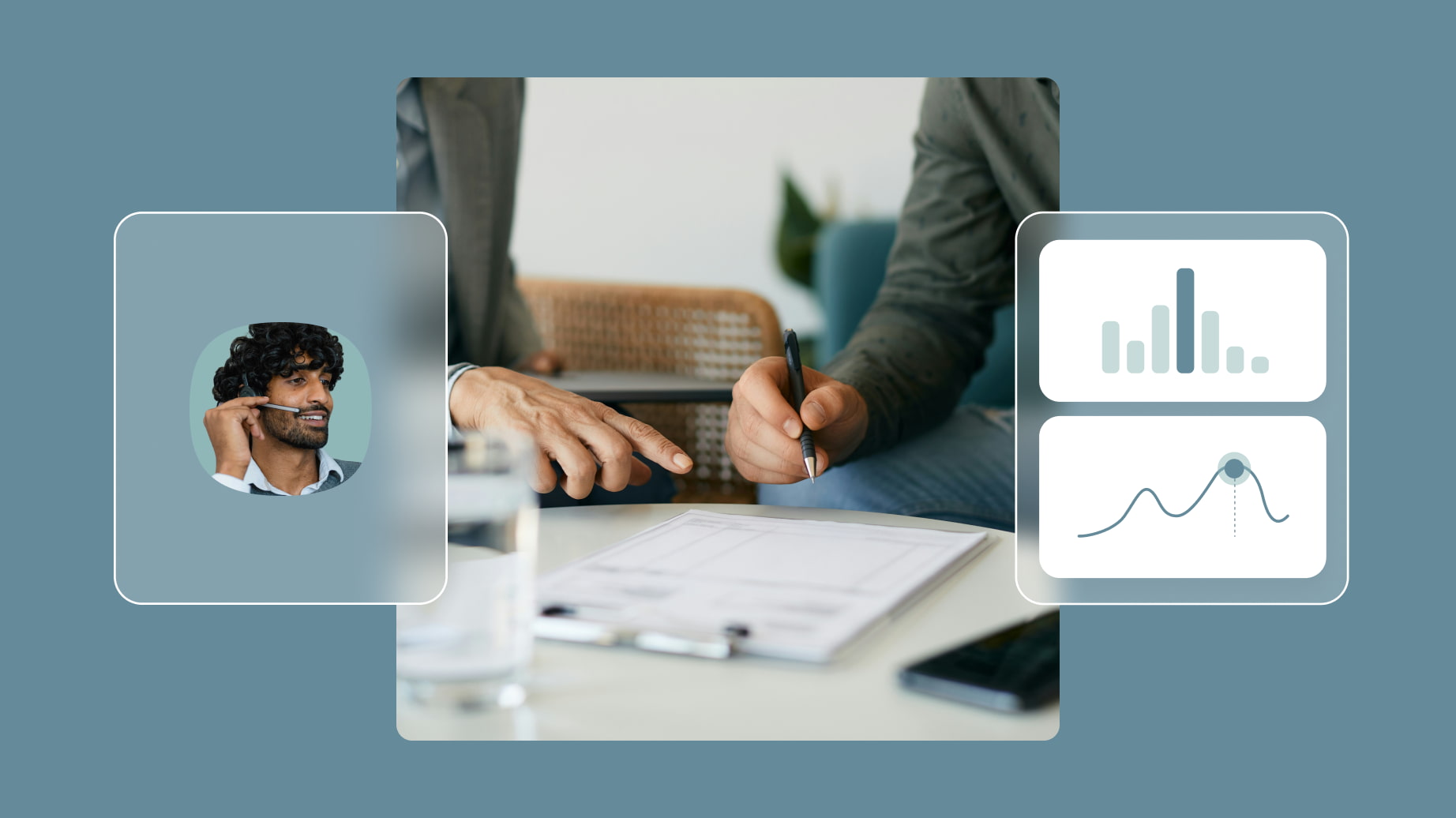 Image of a person signing a contract with UI of graphs and charts over to representing how insurance brands can deliver great customer experiences with AI