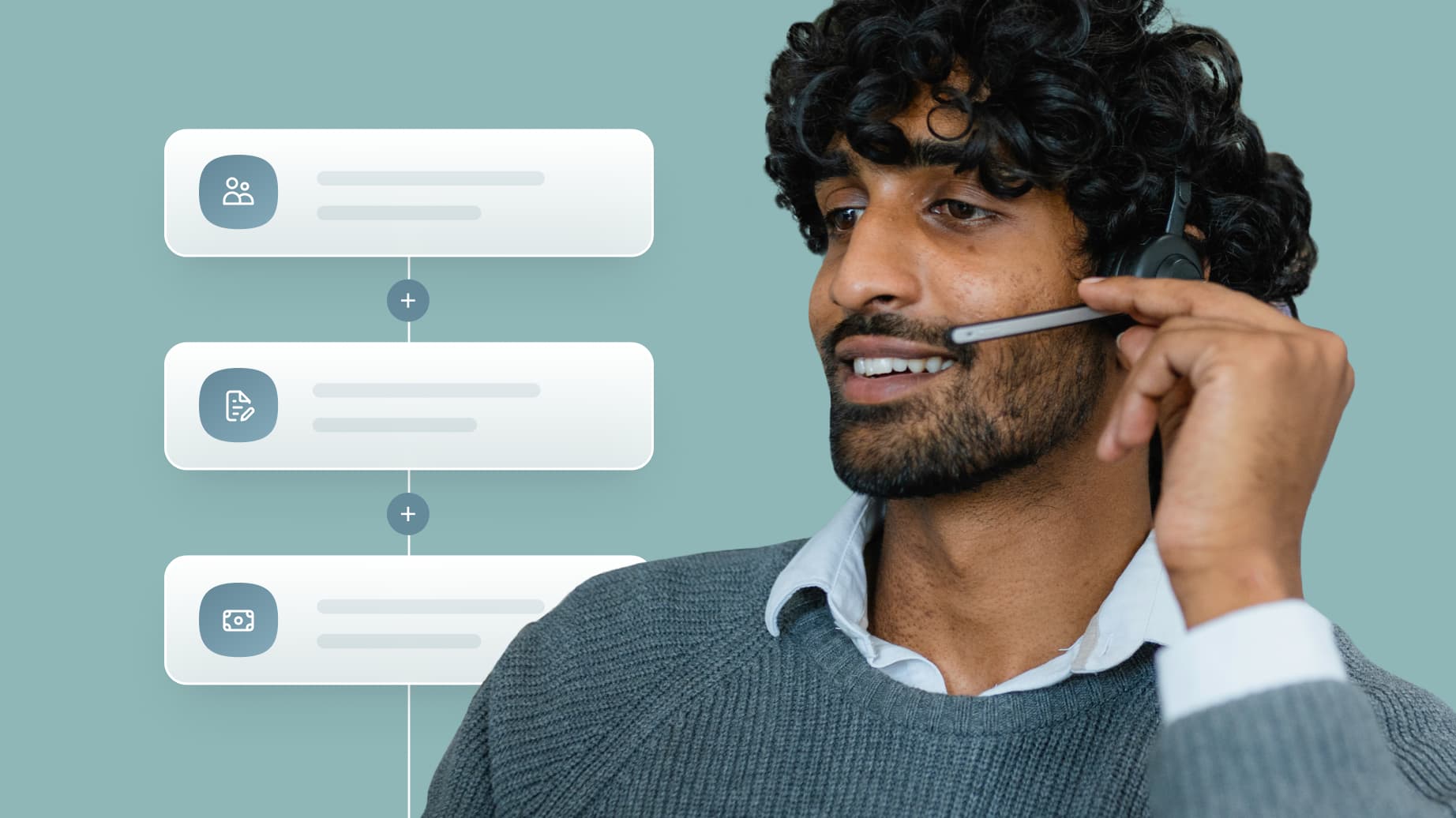 Image of a call center representative with graphics representing a workflow