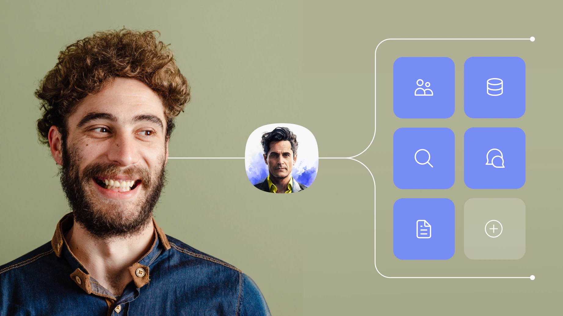 Image of a human looking at an AI Agent icon then a graphic of other action icons
