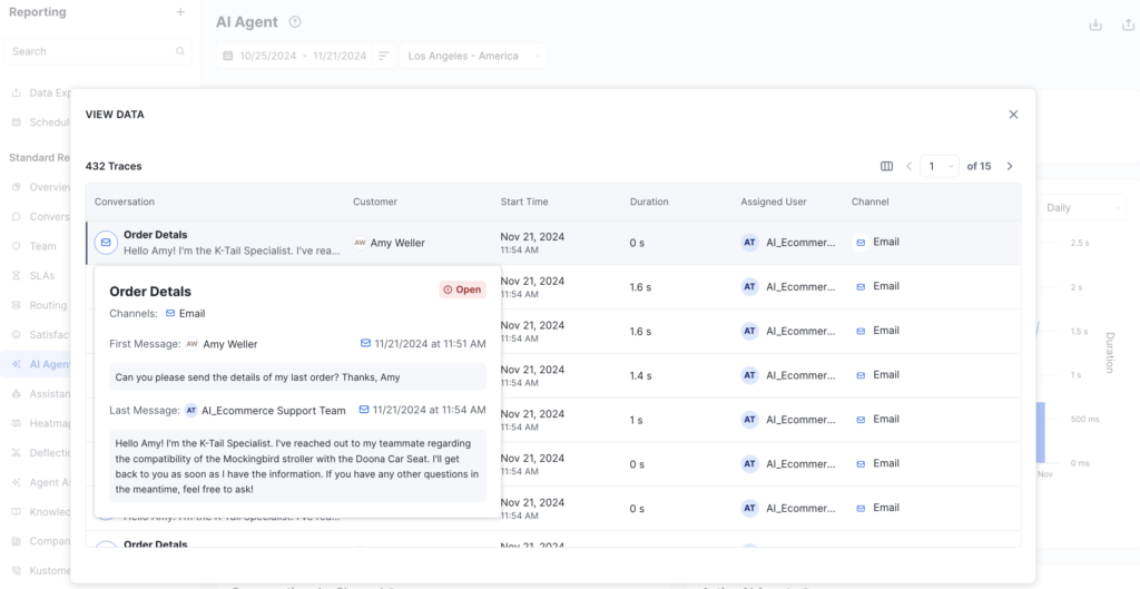 Screenshot of the Kustomer UI showing data visibility within an AI Agent