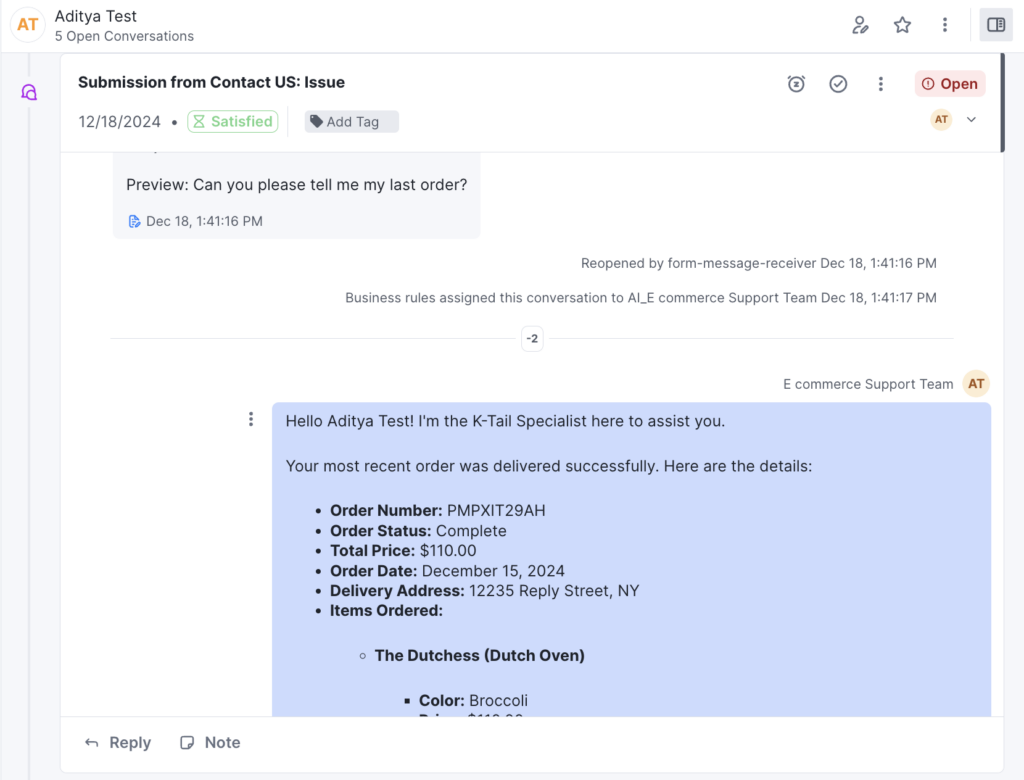 Screenshot of the Kustomer timeline within the platform responding to a form submission