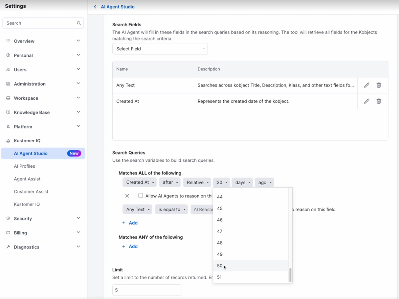 Screenshot of the AI Agent Studio within the Kustomer platform