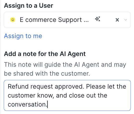 Image shows the UI of Kustomer adding a note to the AI Agent